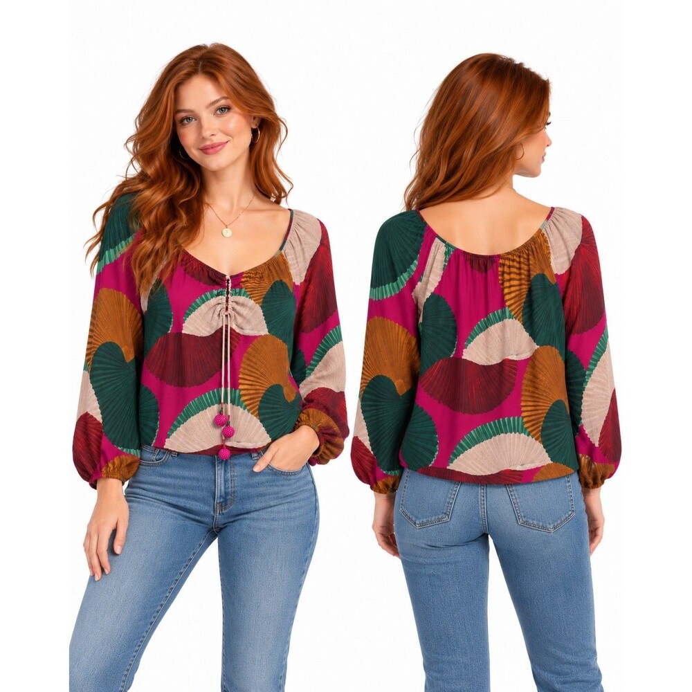 Boho Abstract Print Long Sleeve Blouse Farm Rio Katalina Anthropologie M